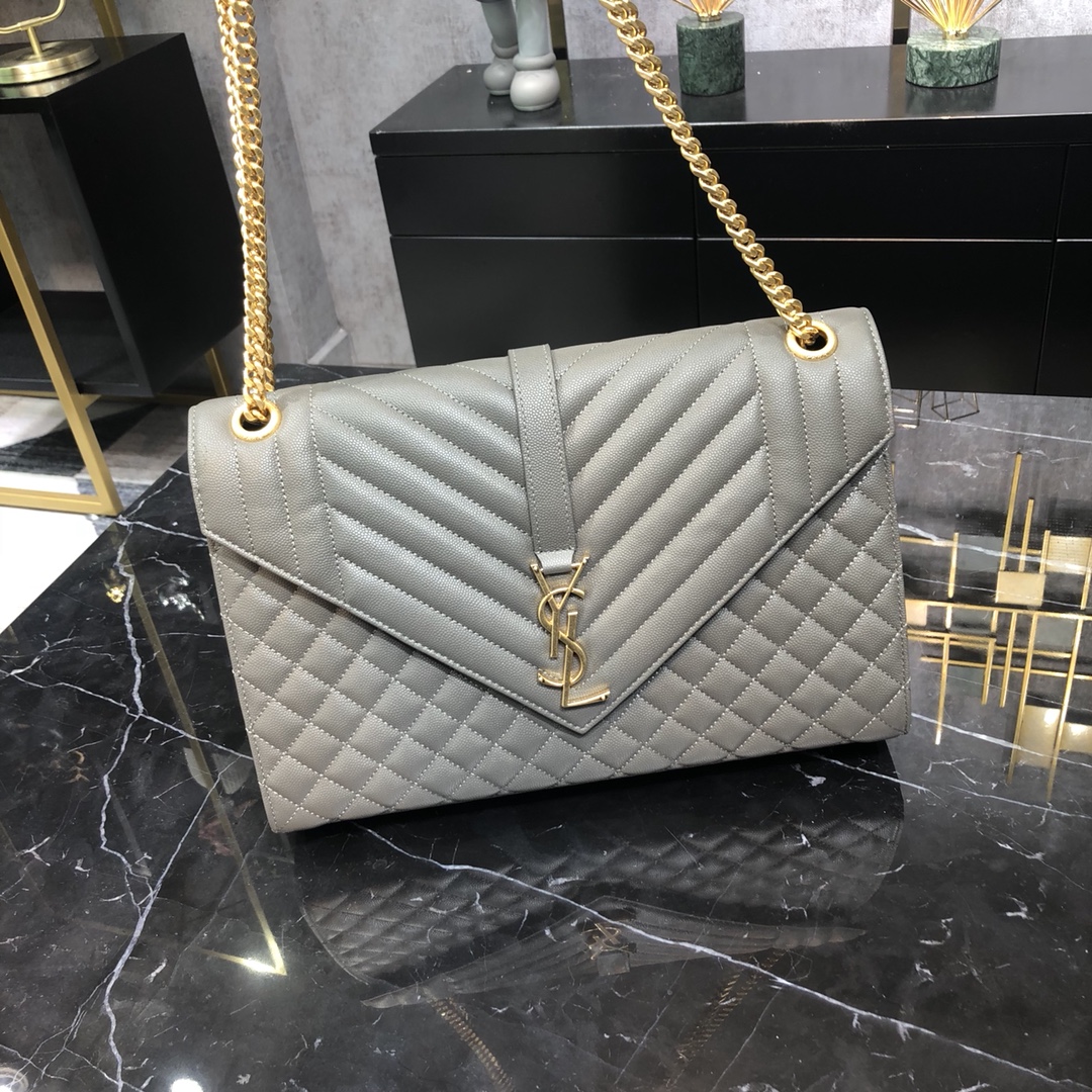 Saint Laurent Envelope Large Grain Quilted Calfskin Handbag Grey 487198